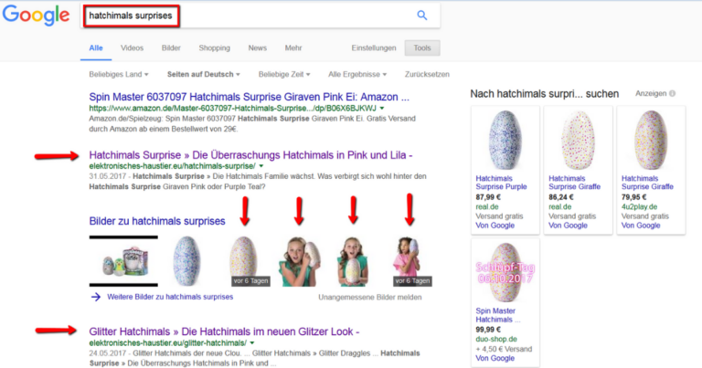 Screenshot Google Bildersuche erste Positionen Hatchimals Surprise