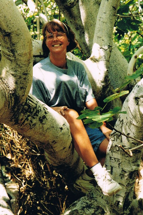 Sabine Wickel sitzt lächelnd mit Bermuda Shorts in einem tropischen Baum
